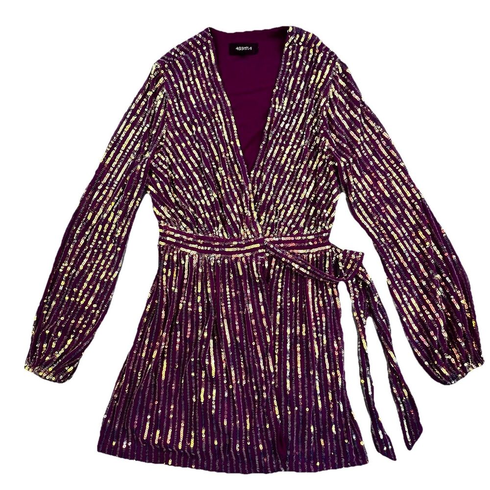 4SI3NNA Iridescent Sequin Dress Small Purple Sheer Sleeves Lined Mini Wrap